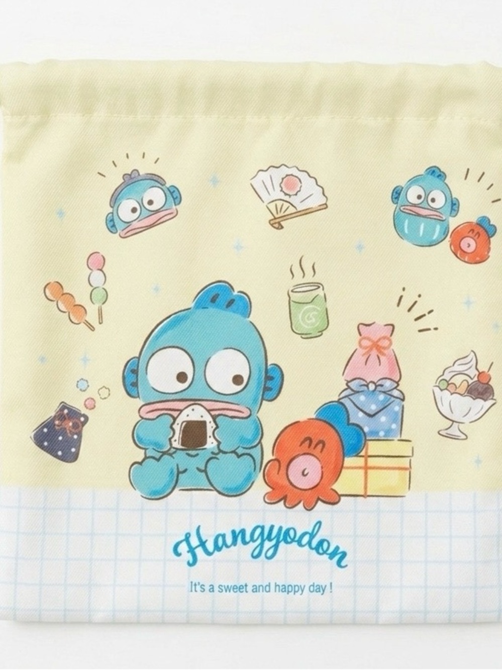 Sanrio Hangyodon Yellow Drawstring Pouch with Blue & Orange Characters